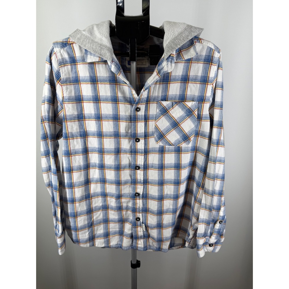 Laguna Mens Hooded Flannel Shirt‎ Large White Blue Plaid Long Sleeve Button Up
